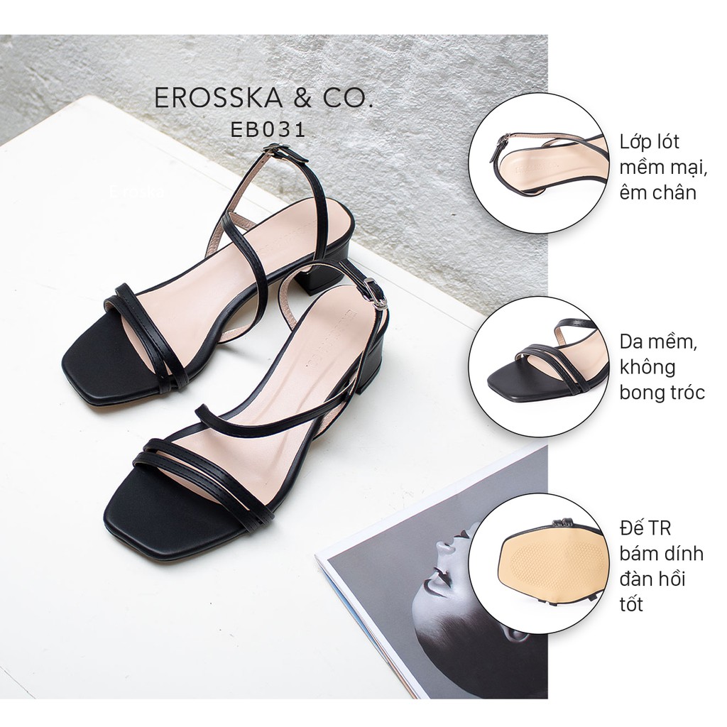 Giày sandal cao gót Erosska mũi vuông quai ngang cao 3cm màu đen - EB031