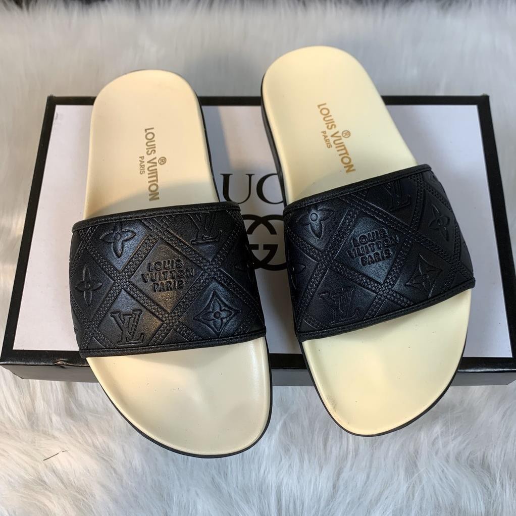 Dép quai ngang LOUI.S VUITTON Unisex nam nữ đế cao su êm chân bền chắc Dép LV in Hoa Tiết Quai Da