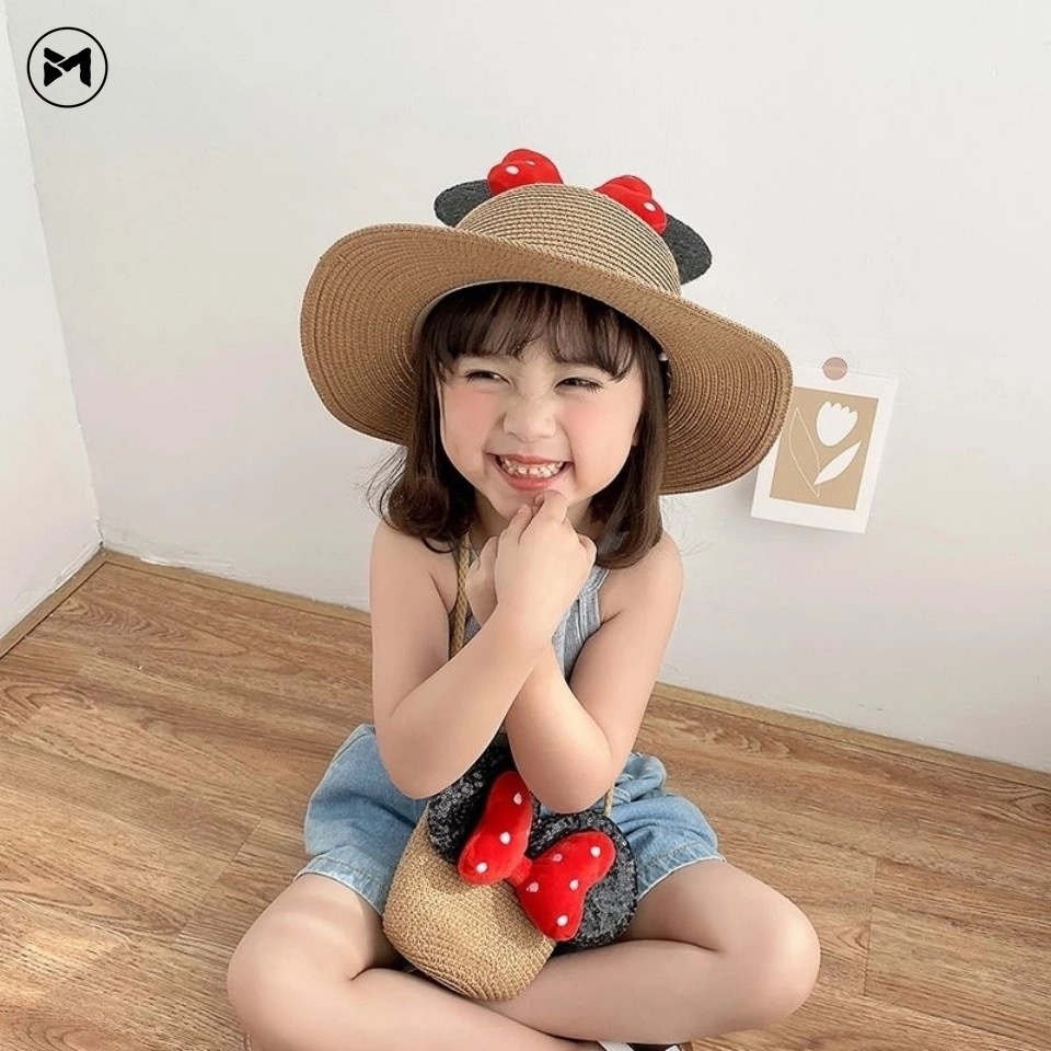 Mũ Cói Chống Nắng Đính Nơ In Họa Tiết Hoạt Hình Thời Trang Mùa Hè Cho Bé Gái