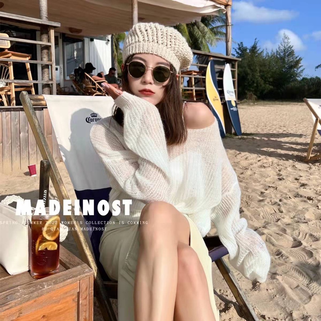 SUXI Áo Dệt Kim Tay Dài Dáng Rộng Màu Sắc Thanh Lịch