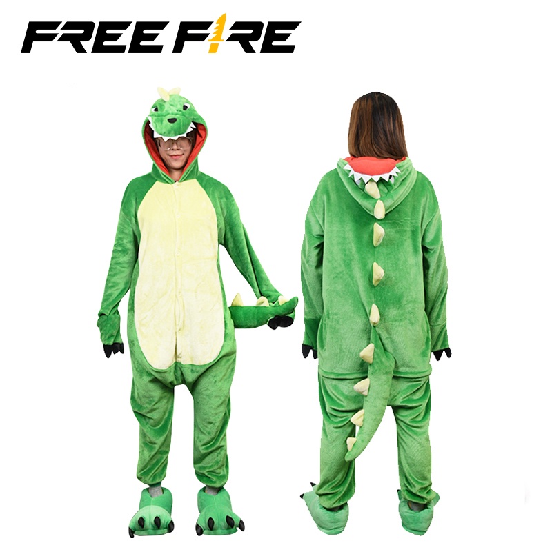 Bộ đồ ngủ/Đôi giày FREEFIRE 100% polyester flannel thiết kế khủng long hoạt hình tất cả trong một màu xanh lá cây