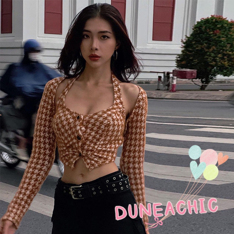 Áo Croptop Dài Tay Họa Tiết Ca Rô Ca Rô Thời Trang Dành Cho Nữ