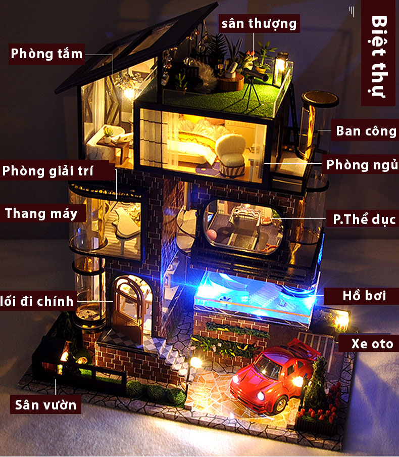 Nhà búp bê DIY Dollhouse lắp ghép bằng gỗ Mẫu Manhattan villa tặng kèm MICA chắn bụi, dụng cụ lắp ghép ToystationVN