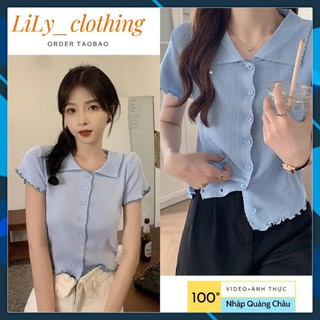 Áo croptop nữ Quảng Châu [VIDEO+ẢNHTHẬT] Áo kiểu nữ tay ngắn dáng crt màu xanh cổ bẻ cài cúcTaobao phong cách kiểu Hàn
