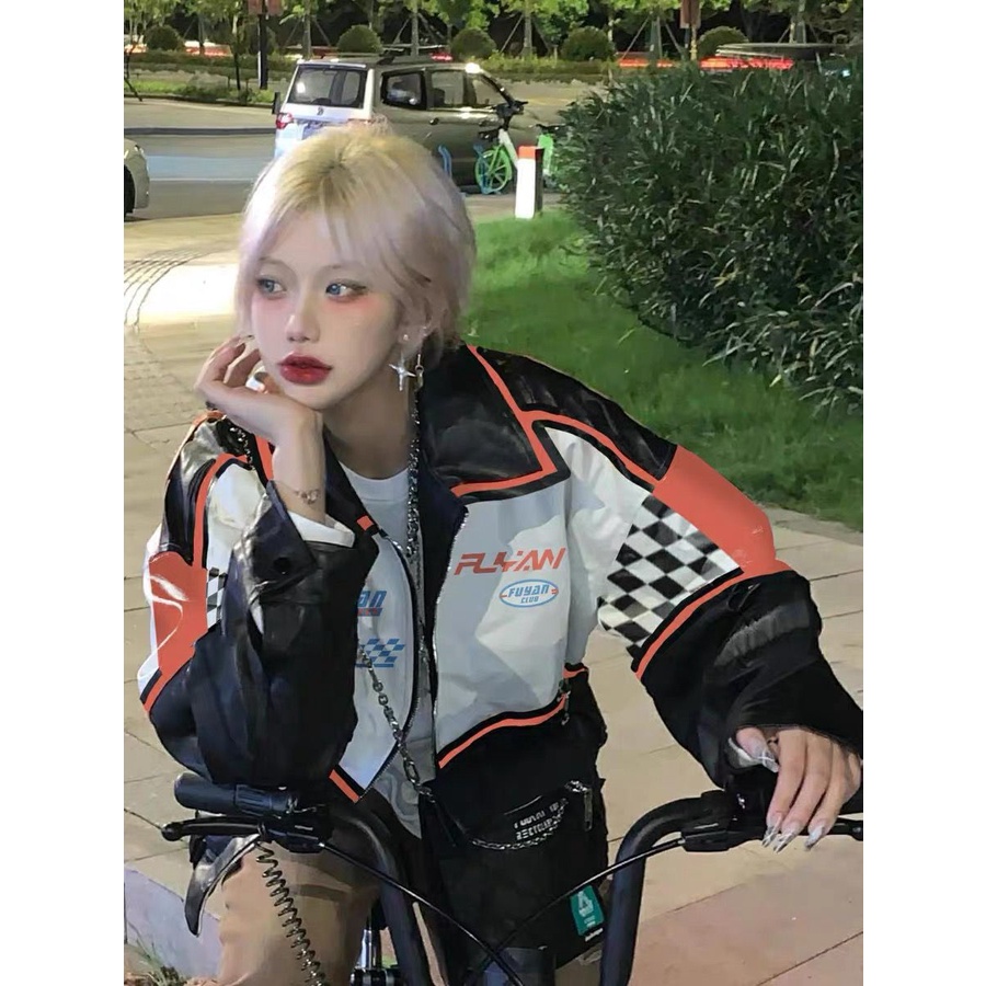 Áo khoác đi xe máy kẻ caro màu tương phản bằng da mùa xuân 2022 cho phụ nữ R5zZ