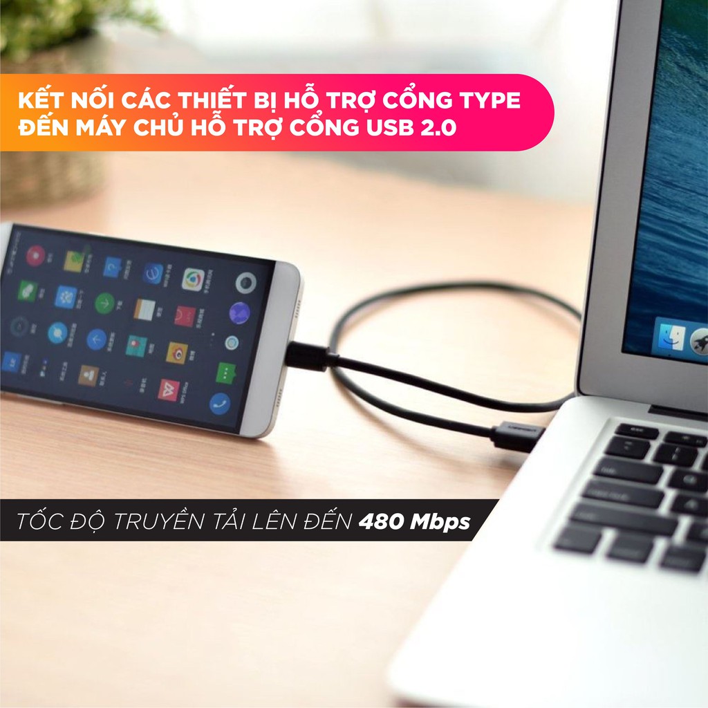 Dây cáp sạc và truyền dữ liệu USB 2.0 sang USB Type-C dài từ 0.25-3m UGREEN US141