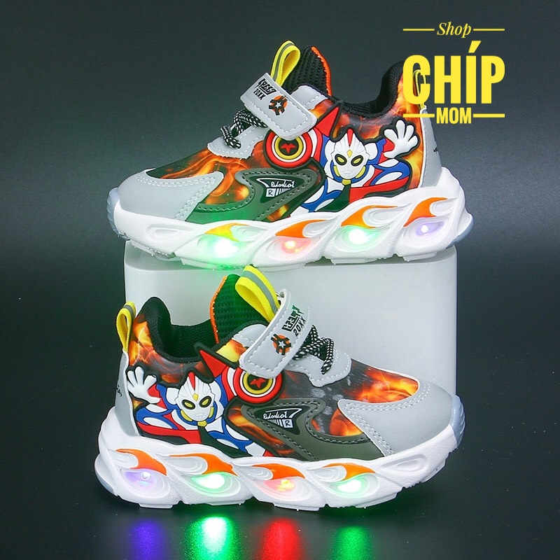 giày thể thao bé trai siêu nhân da bóng mềm có quai dán tùy chỉnh đèn led ngoài nhấp nháy  siêu nhẹ QCCC full hộp A58