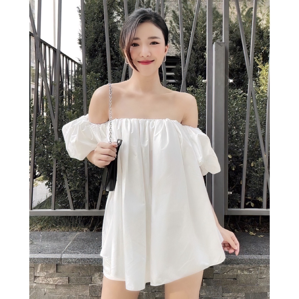 Áo trễ vai nữ tay bồng cúp ngực form rộng oversize ngắn tay ba màu