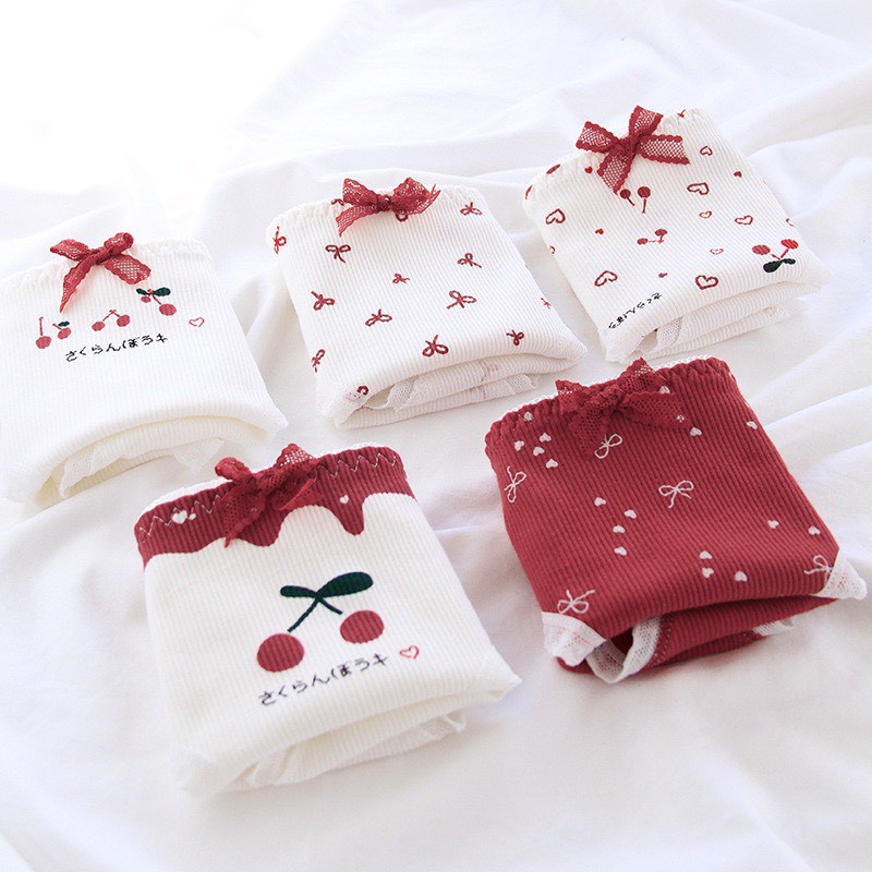 Quần Lót Nữ Cotton ❤️FREESHIP❤️ Set Cotton gân tăm cherry cạp chun bèo mẫu 0271