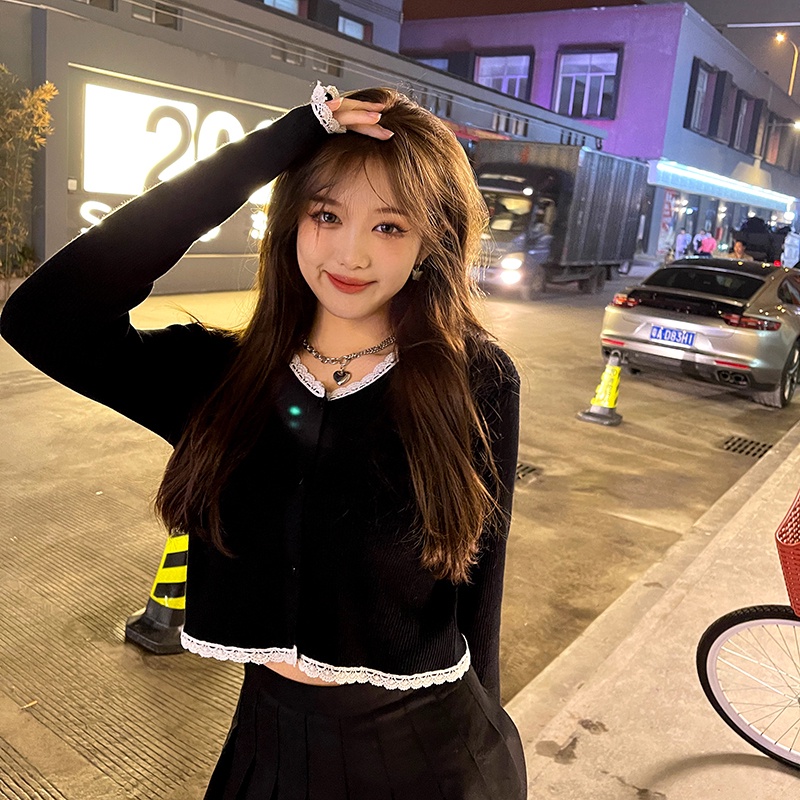 Áo len ZHELIHANGFEI tay dài lưng cao viền ren dễ phối đồ thời trang