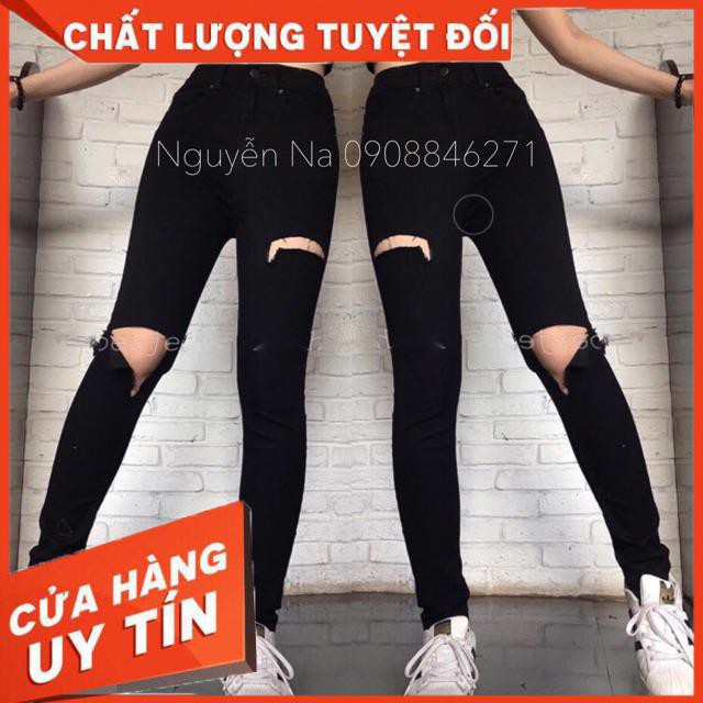 Quần skinny jeans đen trơn và rách gối- hình thật shop chụp