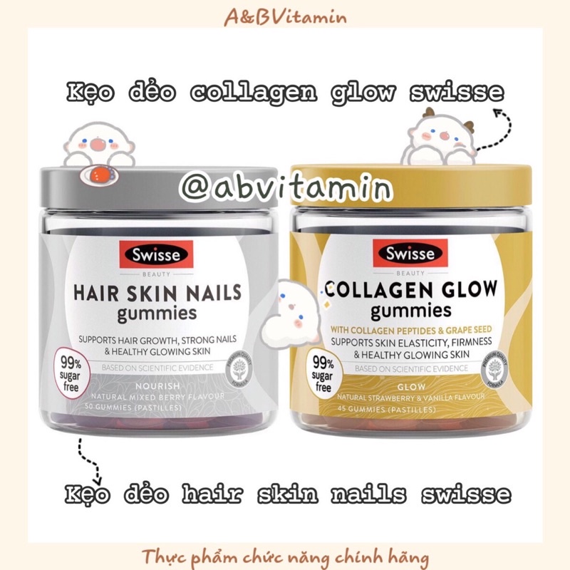 Tổng hợp Kẹo Gummies Swisse: Hair Skin Nails Swisse 50 viên, Collagen Glow 45 viên và Immune 60 viên