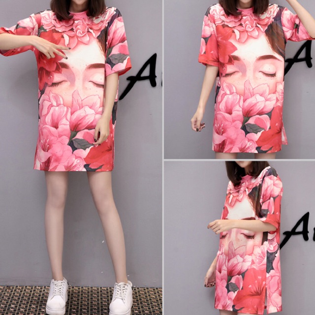 Đầm thun 3D màu đỏ hình cô gái phối hoa size lớn 2Xl 75-85kg