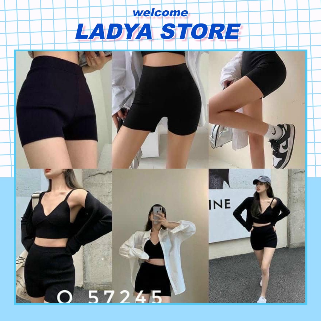 Quần legging đùi Ladya cạp cao vải cotton biker màu đen mặc ở nhà tập gym M310