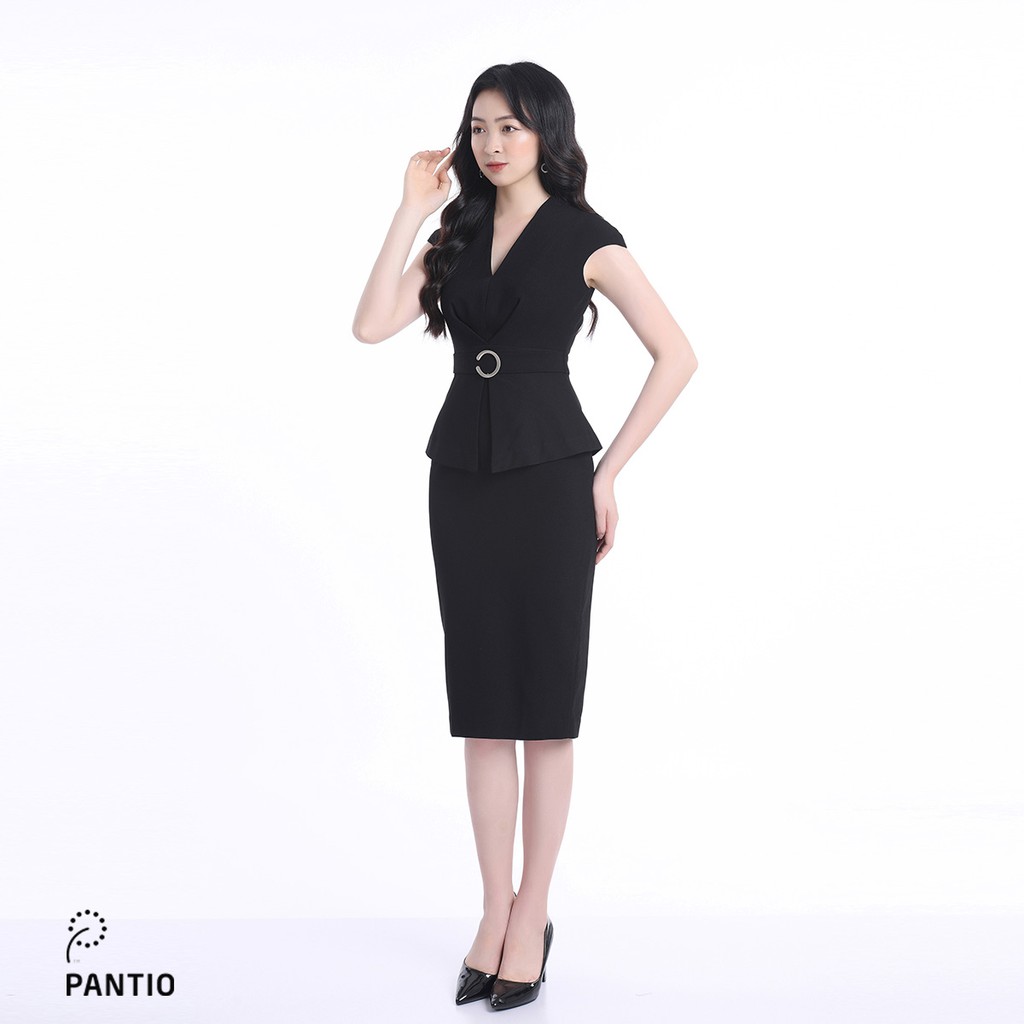 Đầm công sở, chất vải thô, màu nâu gạch và đen, dáng ôm FDC12703 - PANTIO