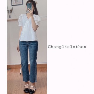 Áo sơ mi thô hàn cúc lệch tay bồng