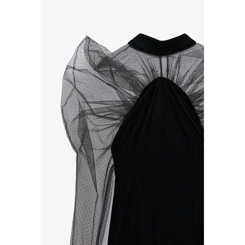 ZARA Đức - Đầm váy sale auth new tag cao cấp chính hãng nhung đen phối organza ren bi tay dài 0387/188