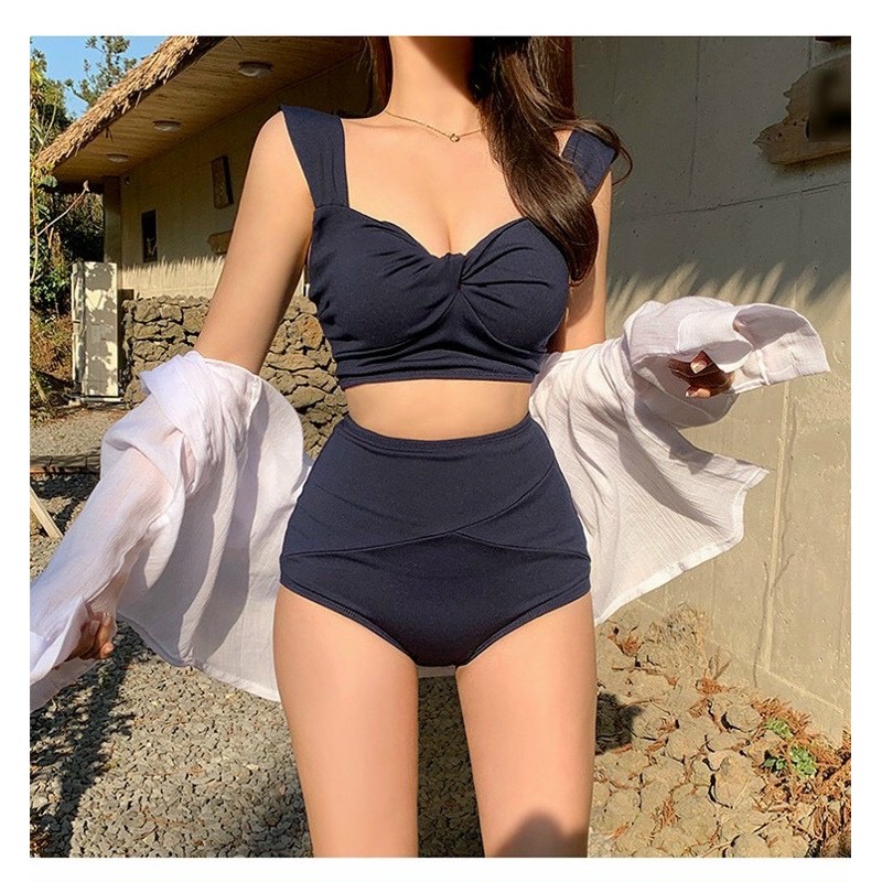 Bikini 2 dây bảng to xoắn nhún ngực siêu dễ thương xanh nước biển và xanh đen