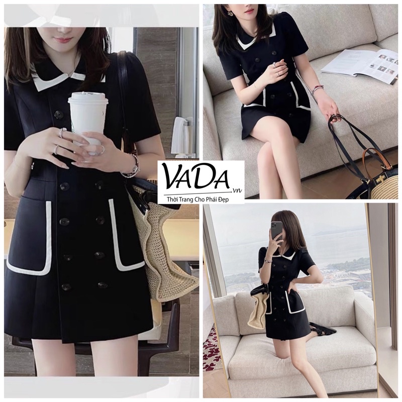 Đầm Váy nữ dự tiệc cổ VIỀN PHỐI túi Thật phong cách Hàn Quốc trẻ trung thời trang -Thời Trang VADA (Đ324)