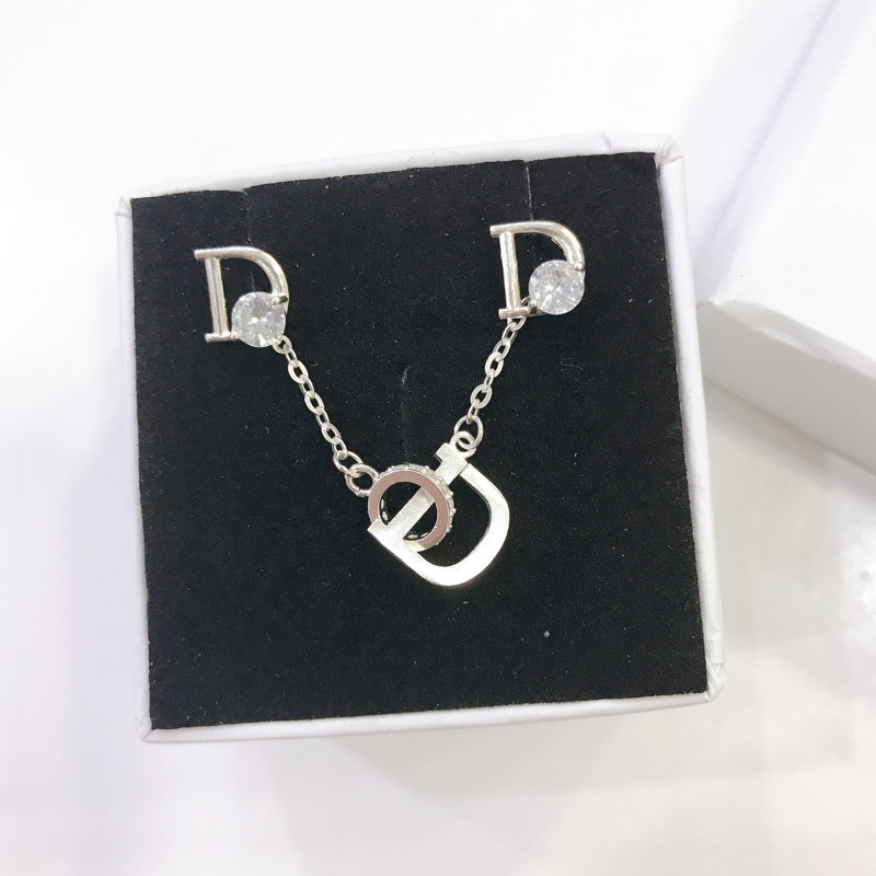 Set Trang Sức Bạc Cả Bộ Dây Chuyền Khuyên Tai Bạc Ta CaoBac Silver Chữ D Đính Đá Ổ Đá Sang Trọng, Thanh Lịch Cho Nữ