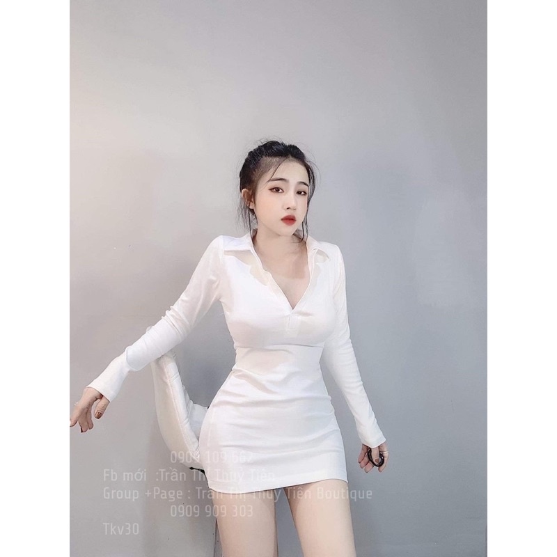 Váy đầm body cổ bẻ chất thun gân dày dặn co giãn 2 màu đen trắng cơ bản