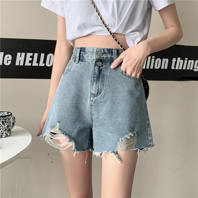 Quần Short Denim Lưng Cao Ống Rộng Phong Cách Hong Kong Cho Nữ