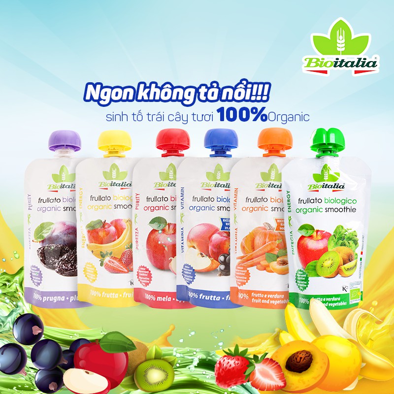 Smoothie trái cây nghiền hữu cơ cho bé từ ăn dặm Bioitalia 120g