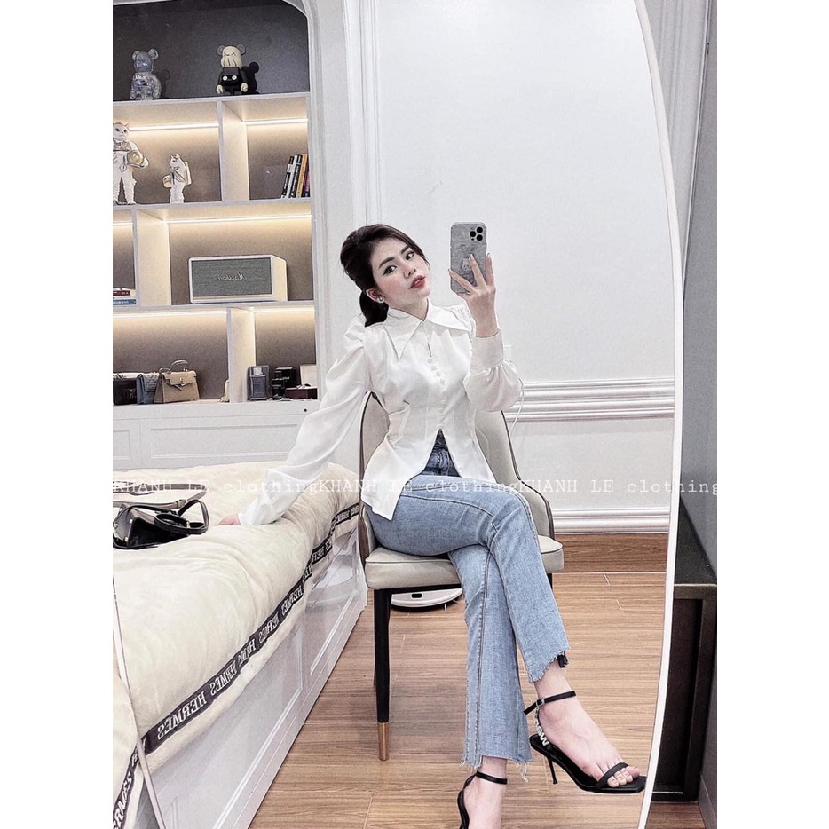 Áo nữ - Áo sơ mi lụa nữ thắt nơ ở eo đính cúc ngọc siêu hot hit