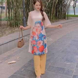 Áo dài Lụa 4 tà họa tiết cô gái