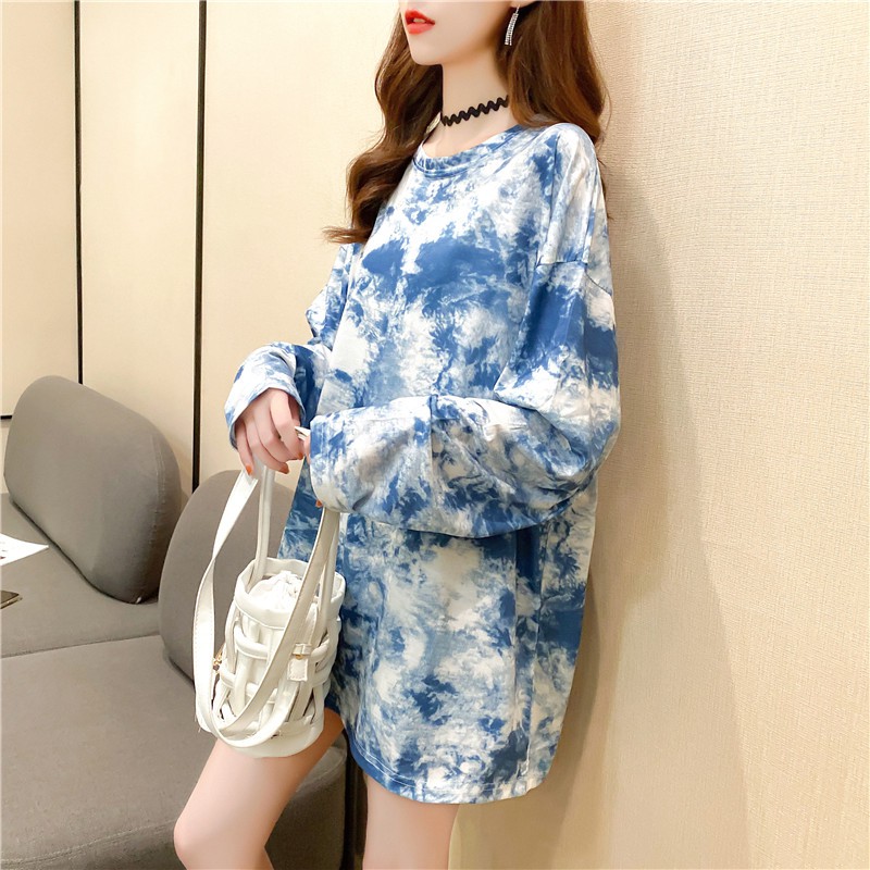 Áo thun dài tay loang nam nữ unisex form rộng &lt;70kg quảng châu hot 2020