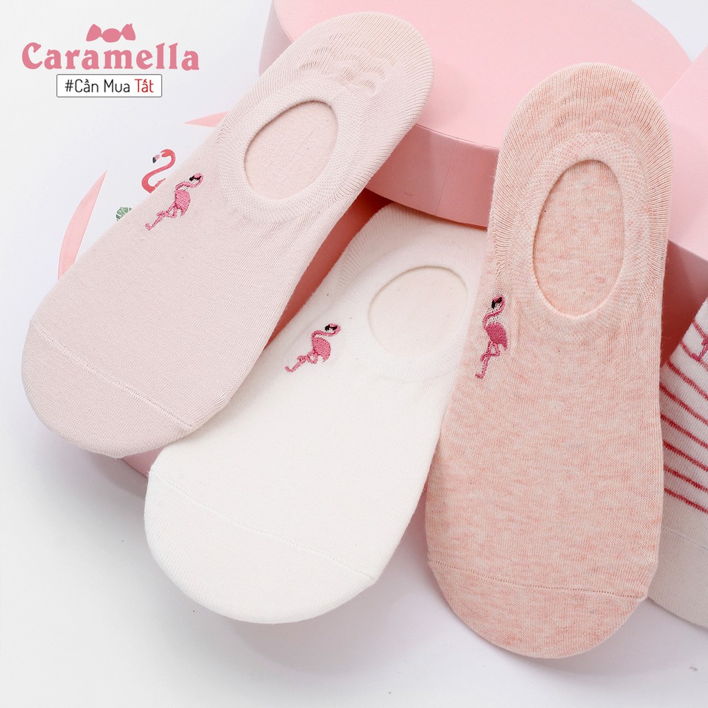 Tất lười nữ Caramella chủ đề Hồng Hạc, tất hài nữ chống tuột cotton thoáng khí