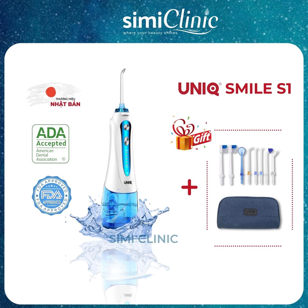 Tăm Nước Cầm Tay UNIQ Smile S1 máy vệ sinh răng miệng waterpik gia đình mini xịt xỉa rửa sạch răng niềng cạo lưỡi 300ml