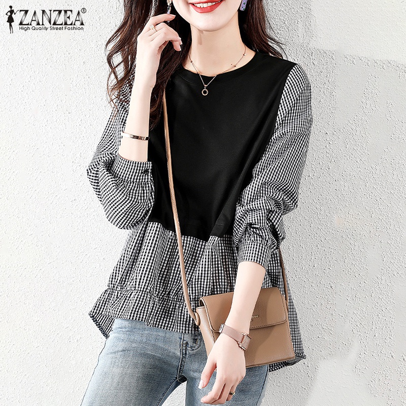 Áo ZANZEA tay dài cổ tròn họa tiết kẻ sọc retro thời trang dành cho nữ