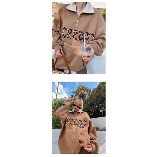 Áo sweater cổ polo có khóa kéo màu tương phản thiết kế chữ thêu dày dặn lót vải lông cừu phong cách Âu Mỹ cỡ lớn cho nữ