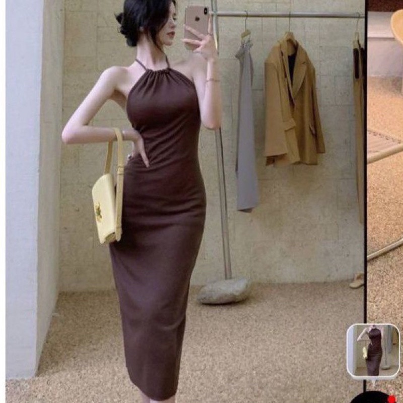 Đầm body trễ vai hở lưng phối dây cổ yếm 2 màu nâu đen chất vải thun 4 chiều, Váy nữ ôm form dài