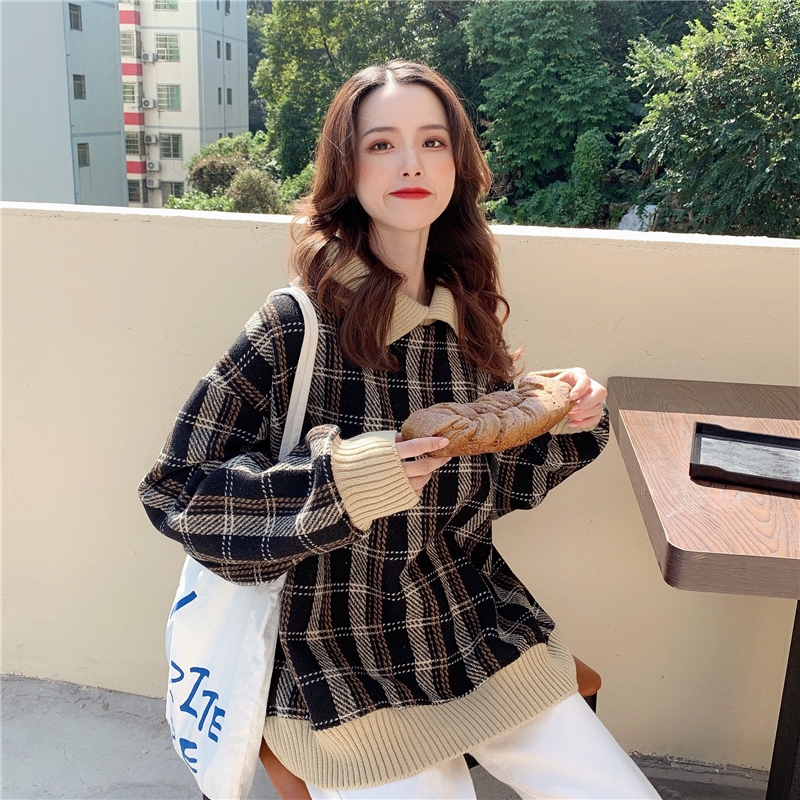 Áo sweater lông cừu dày dặn cổ bẻ kẻ sọc ca rô phong cách hàn quốc cho nữ