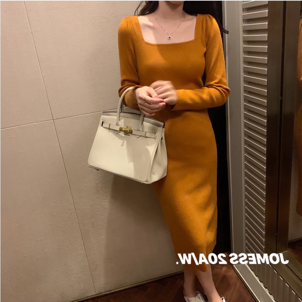 Đầm Dệt Kim Cổ Vuông Dáng Ôm Xẻ Tà Thời Trang Mùa Thu Cho Nữ