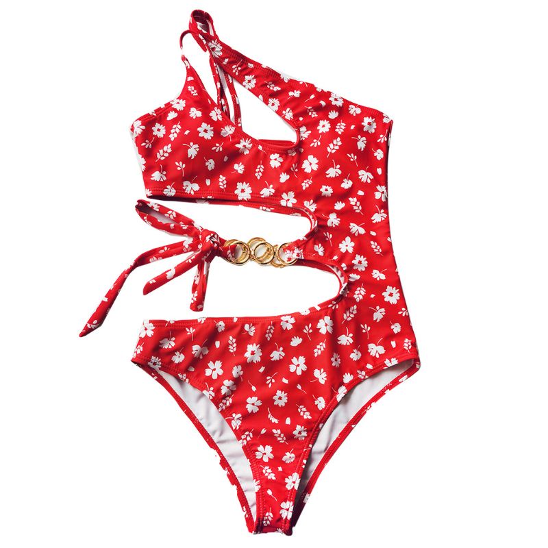 Xiangbao Bikini Một Mảnh Dây Xích Kim Loại Một Mảnh Hở Vai In Họa Tiết Hoa Nhỏ Gợi Cảm Cho Nữ
