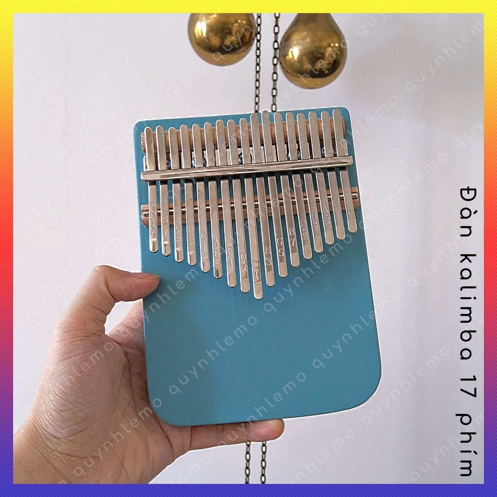 Đàn kalimba 17 phím màu xanh QUYNHLEMO bo tròn góc dưới, Kalimba 17 phím gỗ nguyên khối tặng đủ phụ kiện