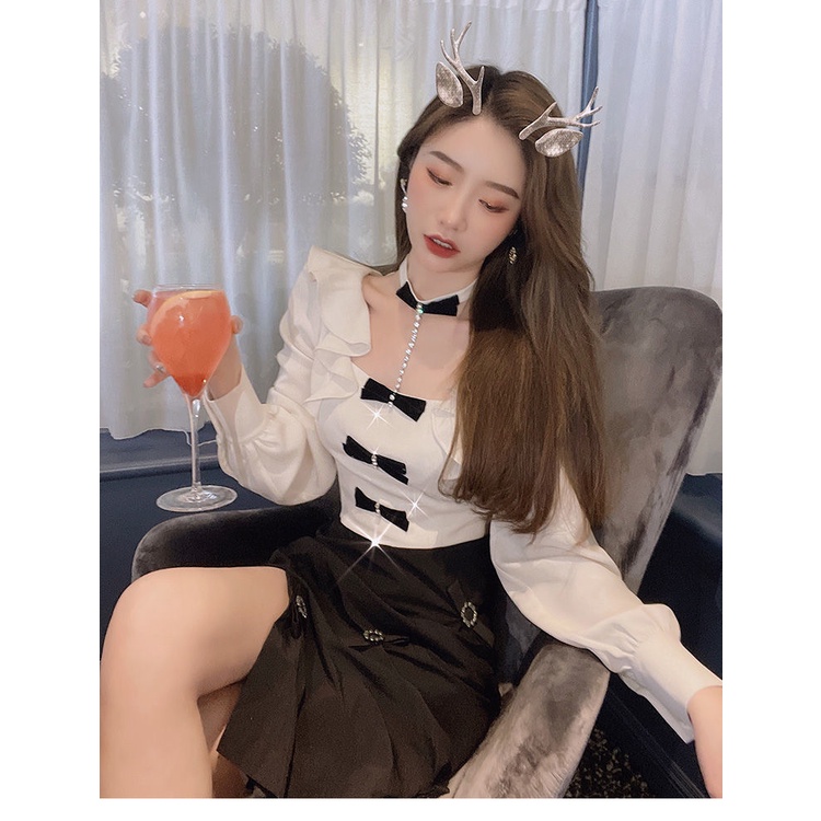 Set áo sơ mi thắt nơ/ chân váy dài lưng cao thiết kế mới phong cách Hàn Quốc thời trang mùa xuân cho nữ 2021