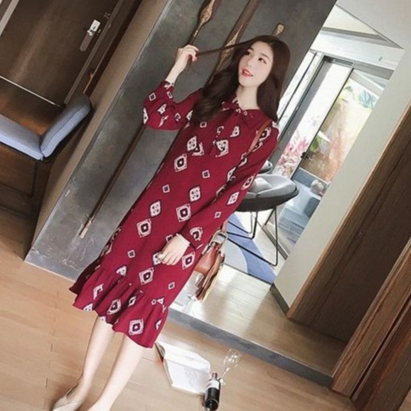 Đầm Tay Dài Phối Bèo Nhún In Họa Tiết Cổ Điển Phong Cách Hàn Quốc Thời Trang Mùa Xuân Cho Nữ 210603