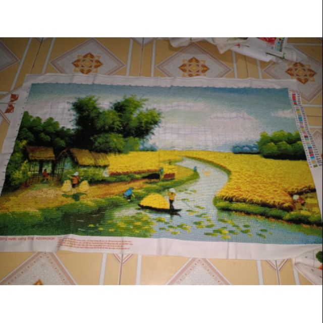 Tranh thêu cánh đồng lúa. Kt 1mx80cm