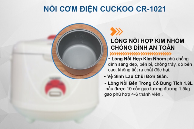 Hàng chính hãng - Nồi cơm điện Hàn Quốc Cuckoo CR- 1021 1.8Lít