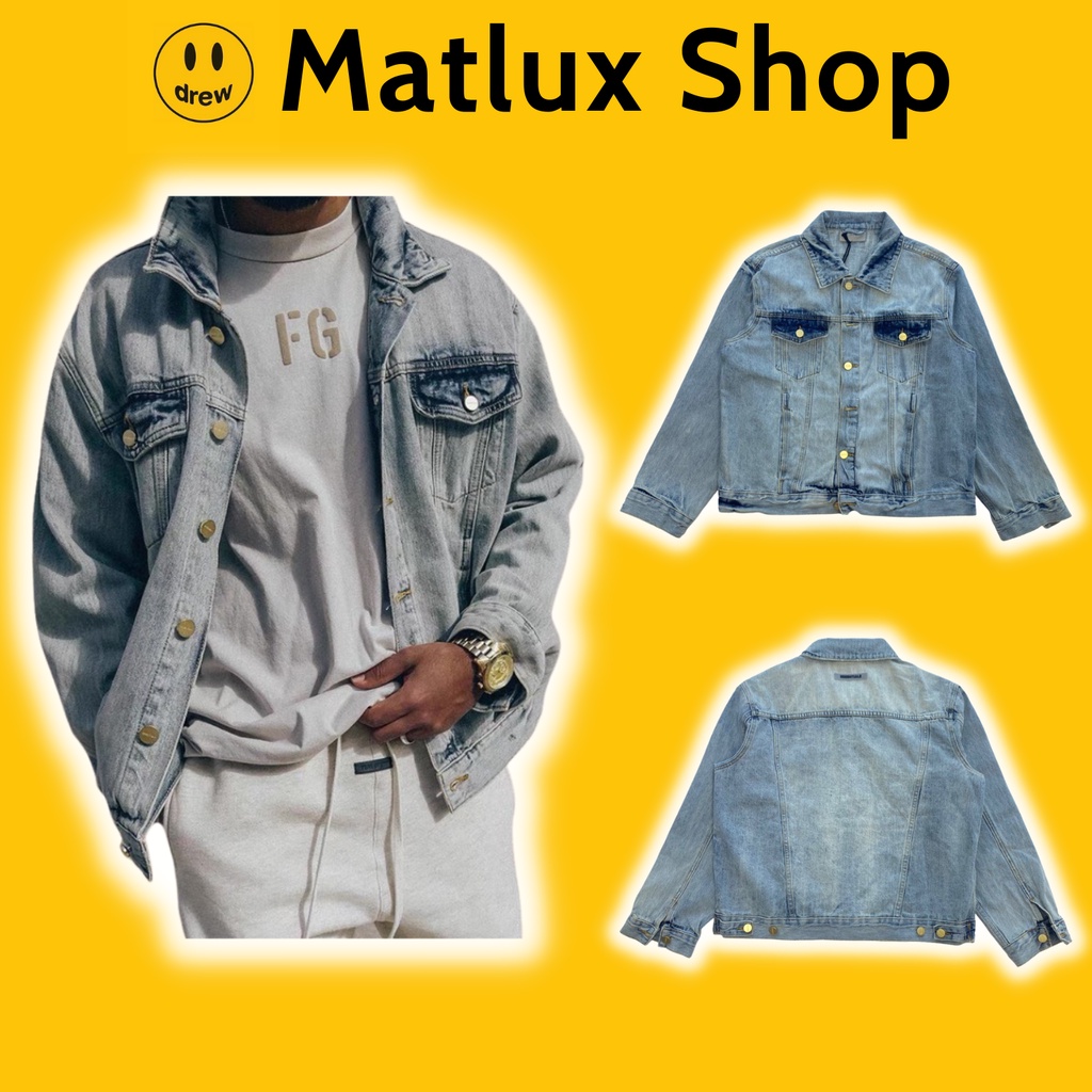 Áo khoác denim FEAR OF GOD FOG ESSENTIALS SS21 bản cao cấp, Áo khoác bò ESSENTIALS màu xanh chất liệ