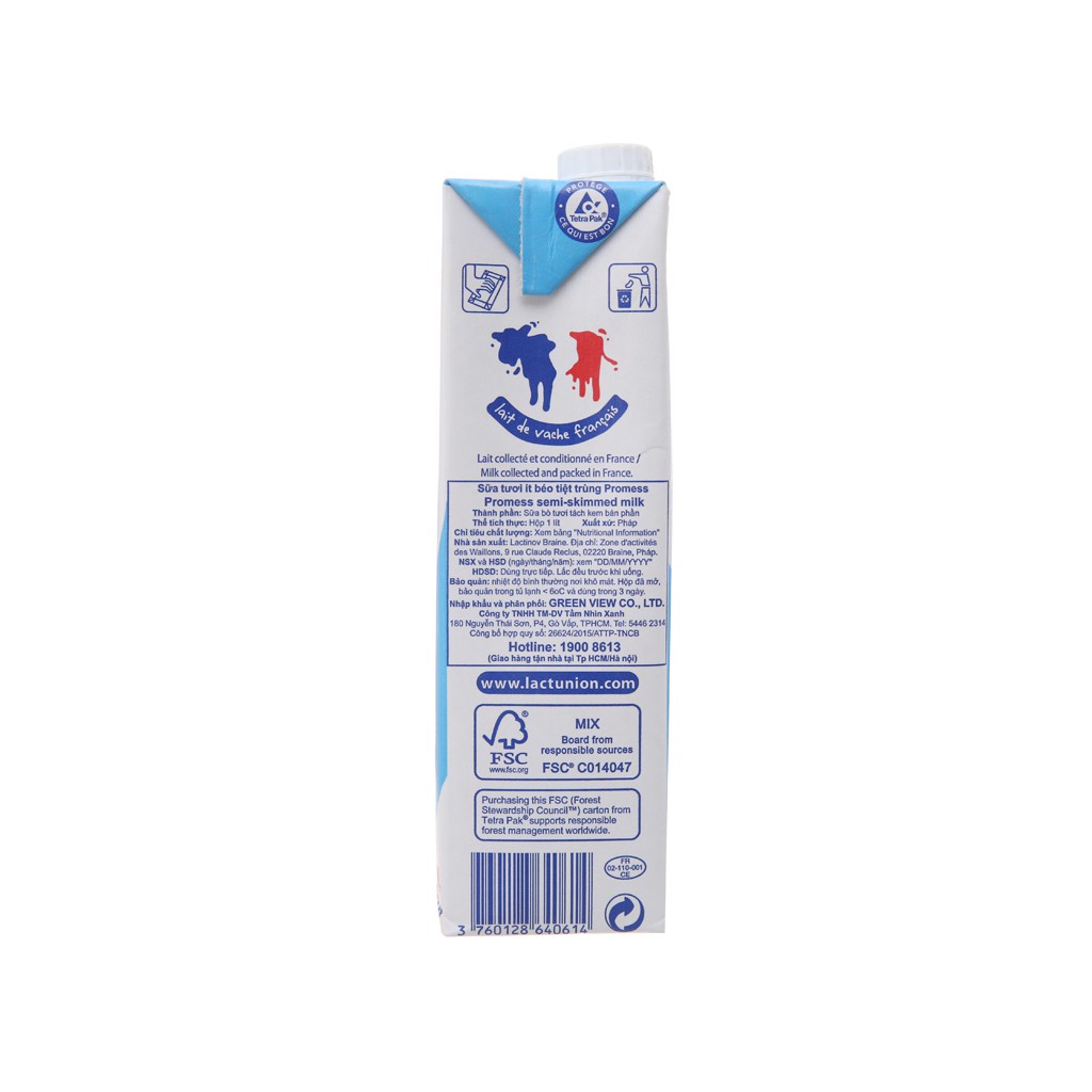 SỮA TƯƠI PROMESS LOW FAT/ ÍT BÉO KHÔNG ĐƯỜNG thùng 6 hộp 1L