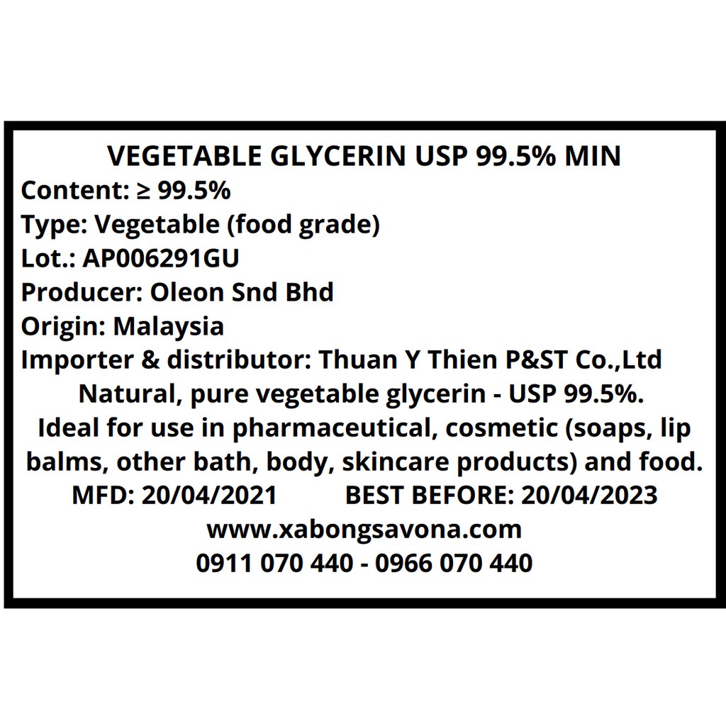 Glycerin Thực Vật USP 1 KG - USP Vegetable Glycerine 1KG