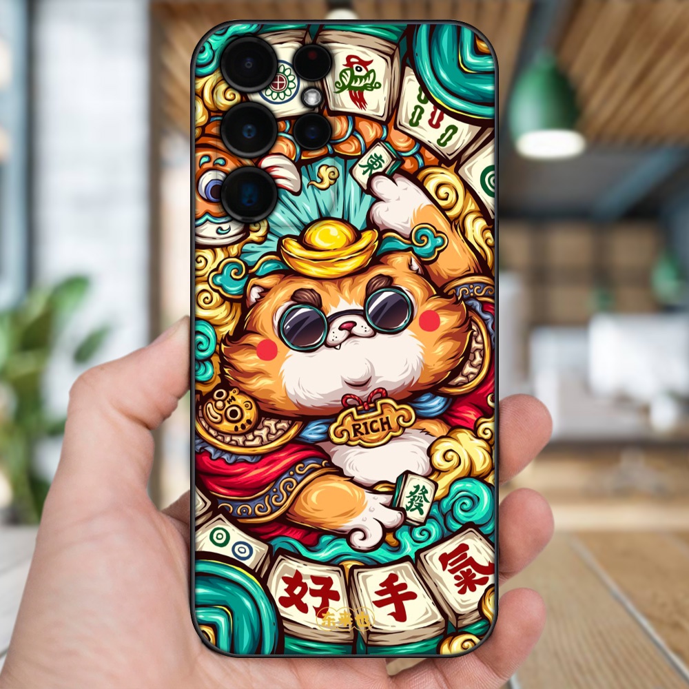 Ốp lưng Samsung S21 Ultra, S22 Ultra viền đen in hình Mèo Thần Tài dễ thương