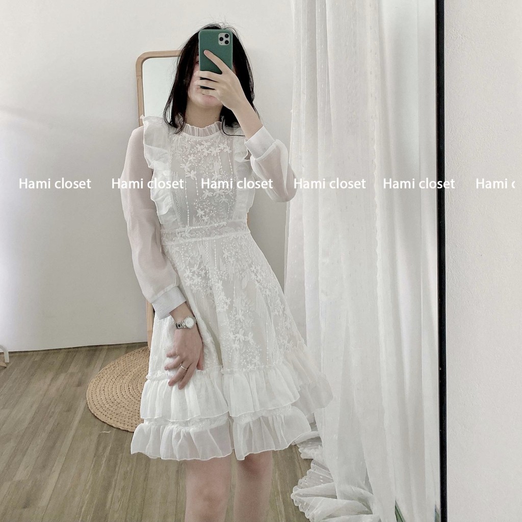 Váy thiết kế thêu hoa ren chất voan tơ dáng đầm ôm xếp ly hai tầng hàng chuẩn có size Mã V004