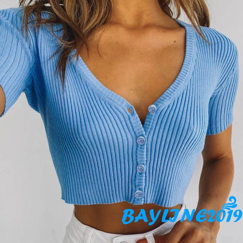 Áo Croptop Dệt Kim Tay Ngắn Cổ Chữ V Thiết Kế Đơn Giản Cho Nữ