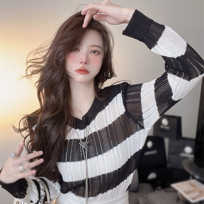 Áo Sweater Dệt Kim Mỏng Tay Dài Dáng Rộng Thiết Kế Khoét Rỗng Thời Trang Cho Nữ